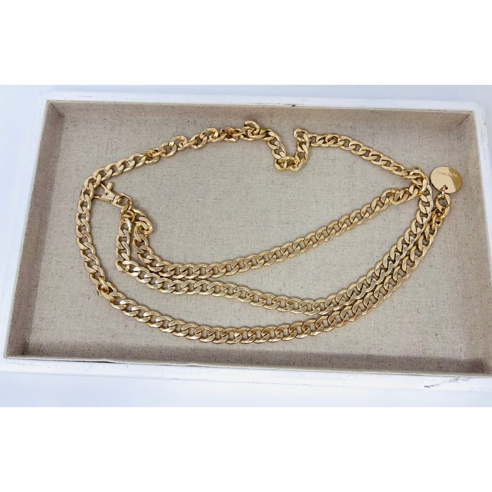 Nine West Gold Tone Multi Strand Curb Chain Link Adjustable Belt with Logo Charm